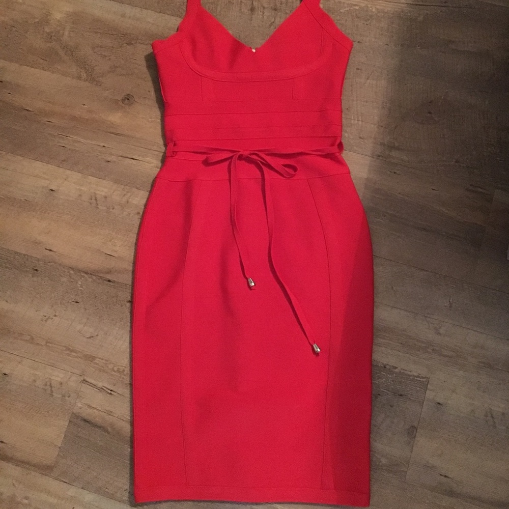 Red body-con cocktail dress.
